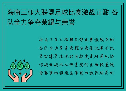 海南三亚大联盟足球比赛激战正酣 各队全力争夺荣耀与荣誉