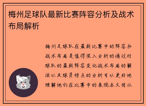 梅州足球队最新比赛阵容分析及战术布局解析