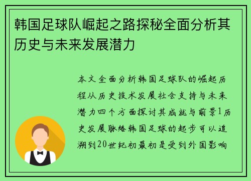 韩国足球队崛起之路探秘全面分析其历史与未来发展潜力