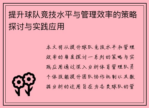 提升球队竞技水平与管理效率的策略探讨与实践应用