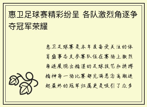 惠卫足球赛精彩纷呈 各队激烈角逐争夺冠军荣耀