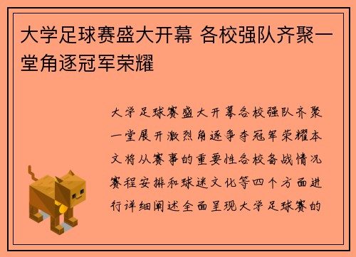 大学足球赛盛大开幕 各校强队齐聚一堂角逐冠军荣耀