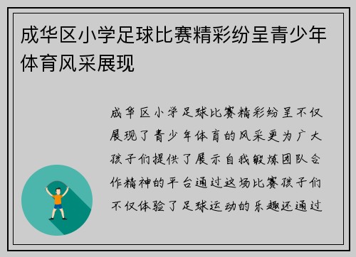 成华区小学足球比赛精彩纷呈青少年体育风采展现