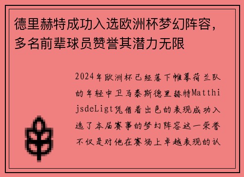 德里赫特成功入选欧洲杯梦幻阵容，多名前辈球员赞誉其潜力无限