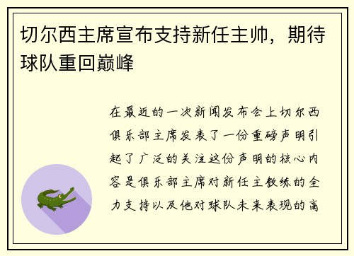 切尔西主席宣布支持新任主帅，期待球队重回巅峰