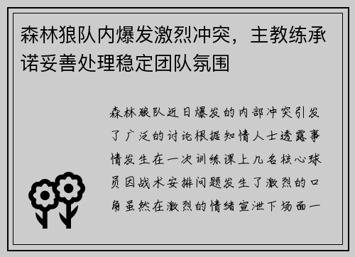 森林狼队内爆发激烈冲突，主教练承诺妥善处理稳定团队氛围