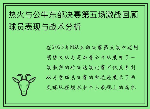 热火与公牛东部决赛第五场激战回顾球员表现与战术分析