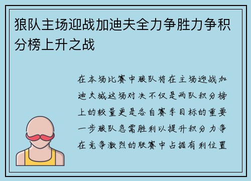狼队主场迎战加迪夫全力争胜力争积分榜上升之战