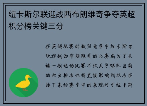纽卡斯尔联迎战西布朗维奇争夺英超积分榜关键三分