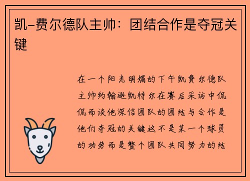 凯-费尔德队主帅：团结合作是夺冠关键